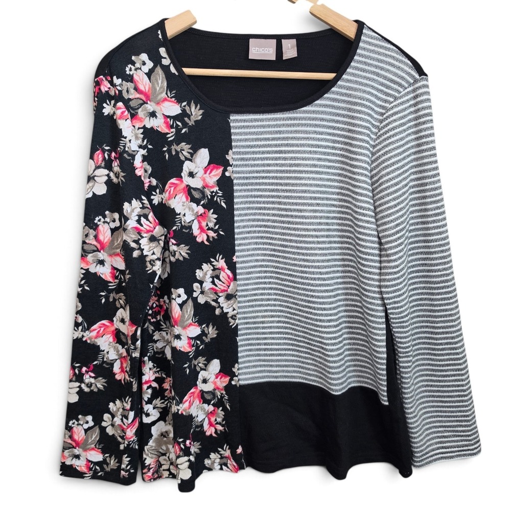 Chico's Womens Top Size 1 M 8 Black Floral Striped Mixed Media Long Sleeve Shirt